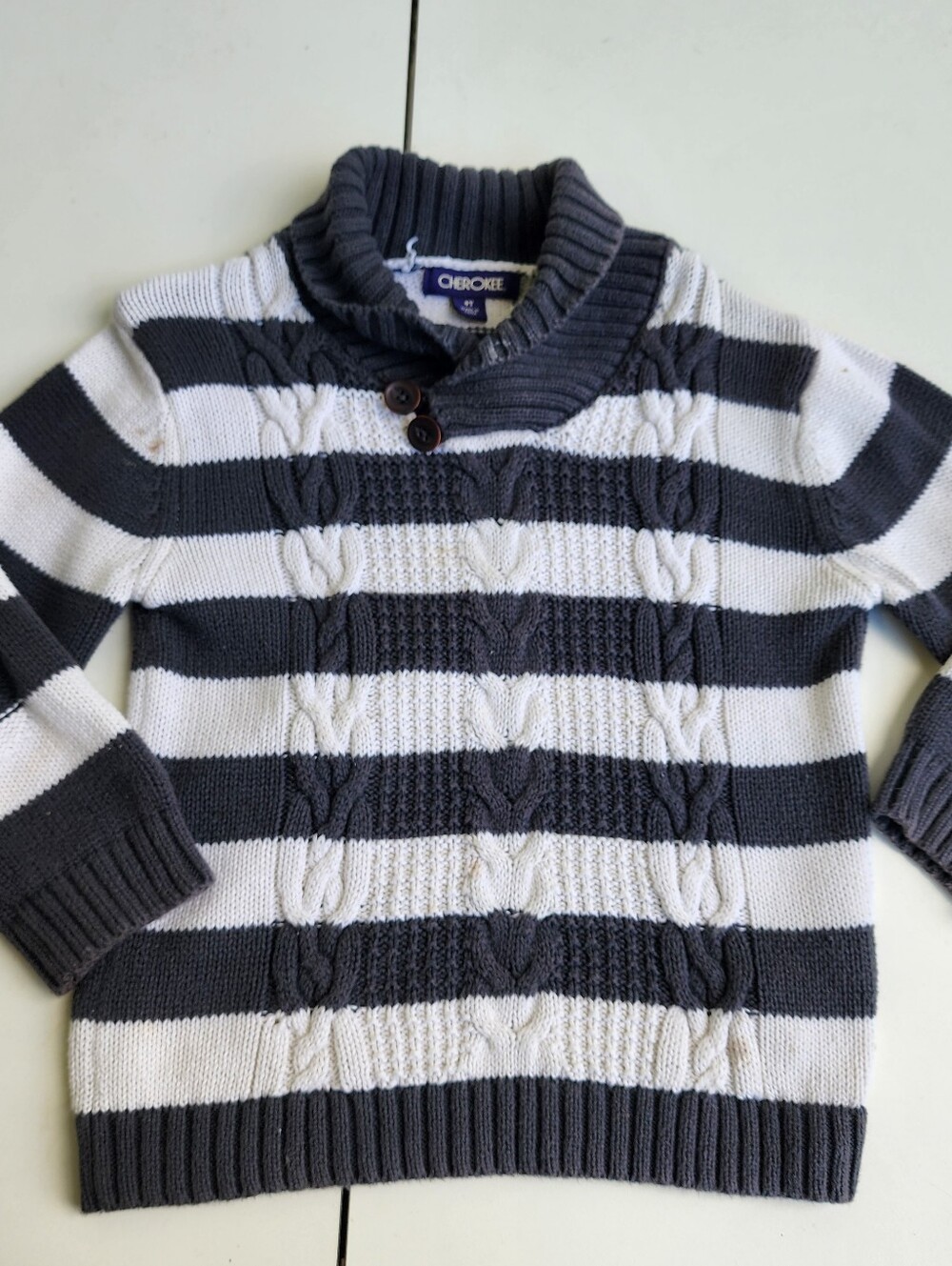 CHEROKEE Boys Toddler Shawl Collar Cable Knit Stripe Elbow Gray White Cotton 4T